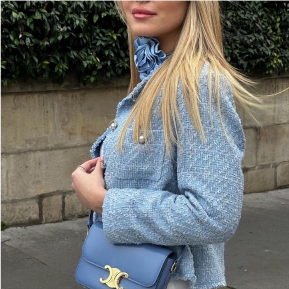 Mango Blogger Favorite Pocket Tweed Jacket Light Blue Pearl Buttons NWT Size XL - Picture 2 of 12